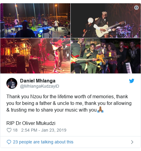 Ujumbe wa Twitter wa @MhlangaKudzayiD: Thank you Nzou for the lifetime worth of memories, thank you for being a father & uncle to me, thank you for allowing & trusting me to share your music with youðð¾RIP Dr Oliver Mtukudzi 