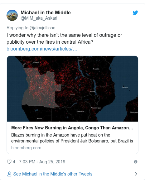 Twitter post by @MiM_aka_Askari: I wonder why there isn't the same level of outrage or publicity over the fires in central Africa? 