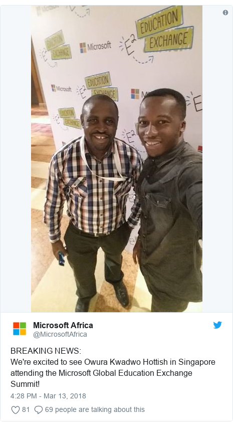 Ujumbe wa Twitter wa @MicrosoftAfrica: BREAKING NEWS We're excited to see Owura Kwadwo Hottish in Singapore attending the Microsoft Global Education Exchange Summit! 