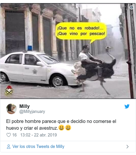 Publicación de Twitter por @Millyjanuary: El pobre hombre parece que e decidio no comerse el huevo y criar el avestruz.😀😀 