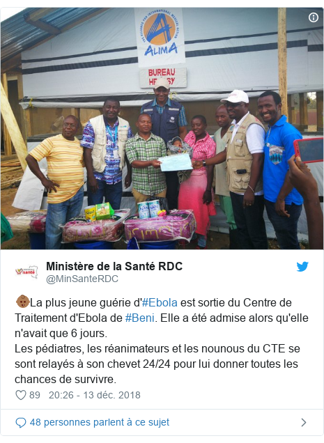 Twitter publication par @MinSanteRDC: ??La plus jeune guérie d'#Ebola est sortie du Centre de Traitement d'Ebola de #Beni. Elle a été admise alors qu'elle n'avait que 6 jours. Les pédiatres, les réanimateurs et les nounous du CTE se sont relayés à son chevet 24/24 pour lui donner toutes les chances de survivre. 
