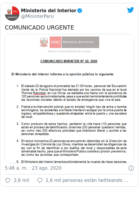 Publicación de Twitter por @MininterPeru: COMUNICADO URGENTE 