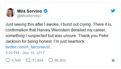 Twitter post by @MiraSorvino: Just seeing this after I awoke, I burst out crying. There it is, confirmation that Harvey Weinstein derailed my career, something I suspected but was unsure. Thank you Peter Jackson for being honest. I’m just heartsick 