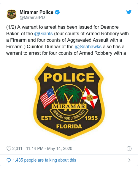 Twitter post by @MiramarPD: (1/2) A warrant to arrest has been issued for Deandre Baker, of the @Giants (four counts of Armed Robbery with a Firearm and four counts of Aggravated Assault with a Firearm.) Quinton Dunbar of the @Seahawks also has a warrant to arrest for four counts of Armed Robbery with a 