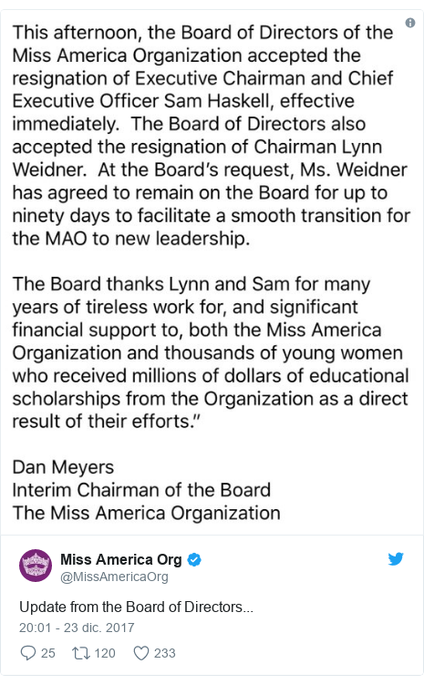 Publicación de Twitter por @MissAmericaOrg: Update from the Board of Directors... 