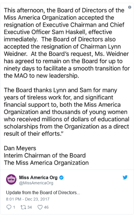 Twitter post by @MissAmericaOrg: Update from the Board of Directors... 