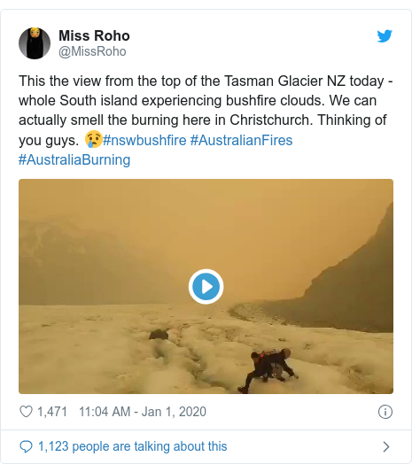 Twitter post by @MissRoho: This the view from the top of the Tasman Glacier NZ today - whole South island experiencing bushfire clouds. We can actually smell the burning here in Christchurch. Thinking of you guys. 😢#nswbushfire #AustralianFires #AustraliaBurning 