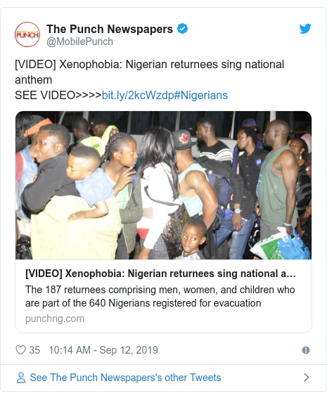 Ujumbe wa Twitter wa @MobilePunch: [VIDEO] Xenophobia  Nigerian returnees sing national anthemSEE VIDEO>>>>#Nigerians