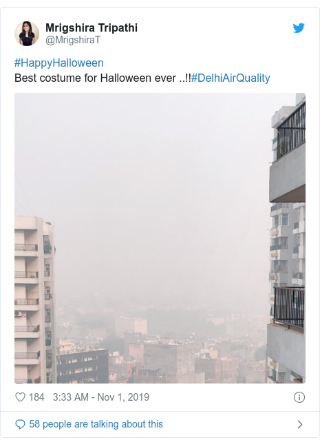Twitter post by @MrigshiraT: #HappyHalloween Best costume for Halloween ever ..!!#DelhiAirQuality 