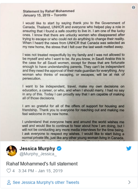 Twitter post by @Murphy_Jessica_: Rahaf Mohammed's full statement