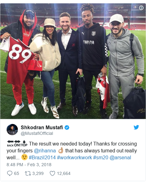 Twitter post by @MustafiOfficial: 🔙🔛🔝 The result we needed today! Thanks for crossing your fingers @rihanna 👌🏽 that has always turned out really well... 😉 #Brazil2014 #workworkwork #sm20 @arsenal 