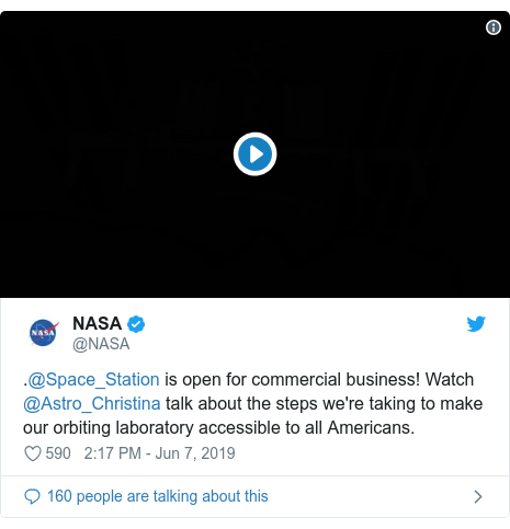 Twitter post by @NASA: .@Space_Station is open for commercial business! Watch @Astro_Christina talk about the steps we're taking to make our orbiting laboratory accessible to all Americans. 