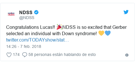 Publicación de Twitter por @NDSS: Congratulations Lucas!! 🎉NDSS is so excited that Gerber selected an individual with Down syndrome! 💛💙 