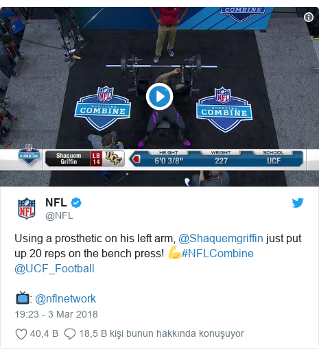 @NFL tarafından yapılan Twitter paylaşımı: Using a prosthetic on his left arm, @Shaquemgriffin just put up 20 reps on the bench press! ?#NFLCombine @UCF_Football?  @nflnetwork 