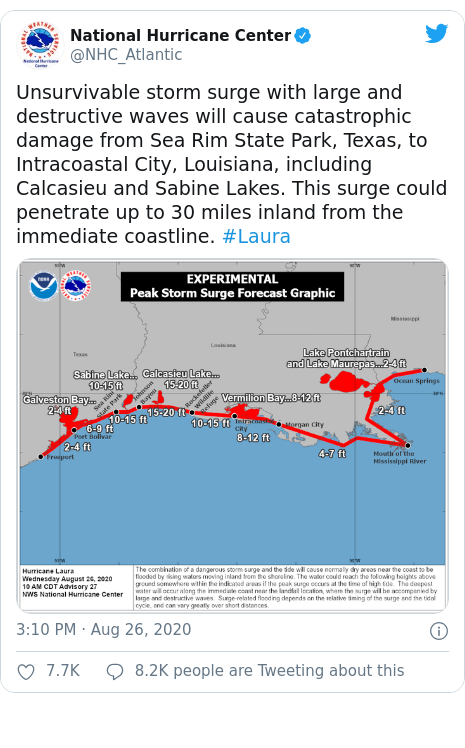 Twitter post by @NHC_Atlantic: Unsurvivable storm surge with large and destructive waves will cause catastrophic damage from Sea Rim State Park, Texas, to Intracoastal City, Louisiana, including Calcasieu and Sabine Lakes. This surge could penetrate up to 30 miles inland from the immediate coastline. #Laura 
