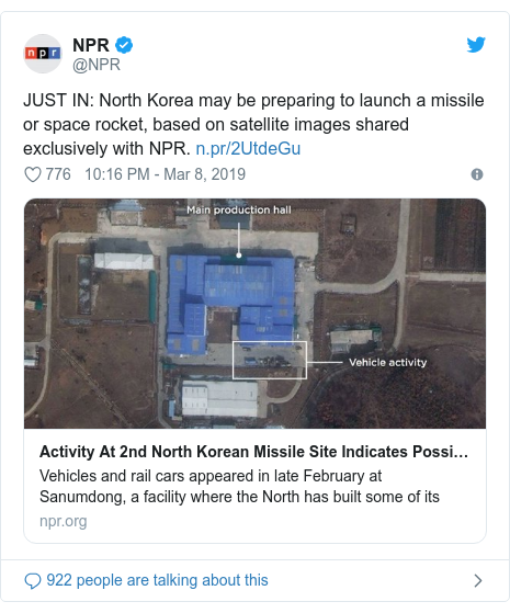 Twitter post by @NPR: JUST IN  North Korea may be preparing to launch a missile or space rocket, based on satellite images shared exclusively with NPR. 