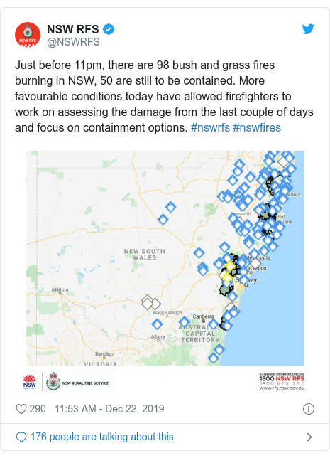 Twitter post by @NSWRFS: Just before 11pm, there are 98 bush and grass fires burning in NSW, 50 are still to be contained. More favourable conditions today have allowed firefighters to work on assessing the damage from the last couple of days and focus on containment options. #nswrfs #nswfires 