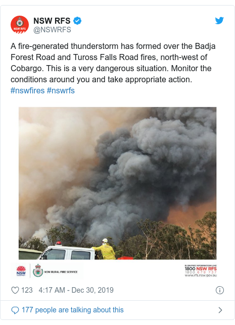 Twitter post by @NSWRFS: A fire-generated thunderstorm has formed over the Badja Forest Road and Tuross Falls Road fires, north-west of Cobargo. This is a very dangerous situation. Monitor the conditions around you and take appropriate action. #nswfires #nswrfs 