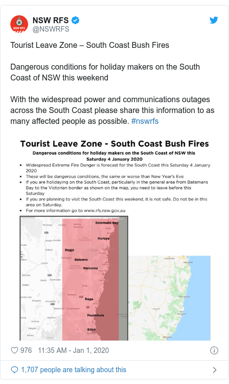 Twitter post by @NSWRFS: Tourist Leave Zone – South Coast Bush FiresDangerous conditions for holiday makers on the South Coast of NSW this weekendWith the widespread power and communications outages across the South Coast please share this information to as many affected people as possible. #nswrfs 