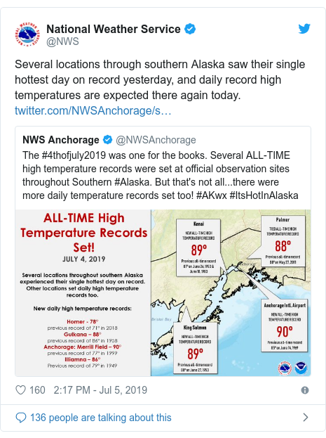 Twitter post by @NWS: Several locations through southern Alaska saw their single hottest day on record yesterday, and daily record high temperatures are expected there again today. 