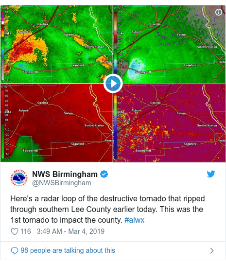 Twitter post by @NWSBirmingham: Here's a radar loop of the destructive tornado that ripped through southern Lee County earlier today. This was the 1st tornado to impact the county. #alwx 