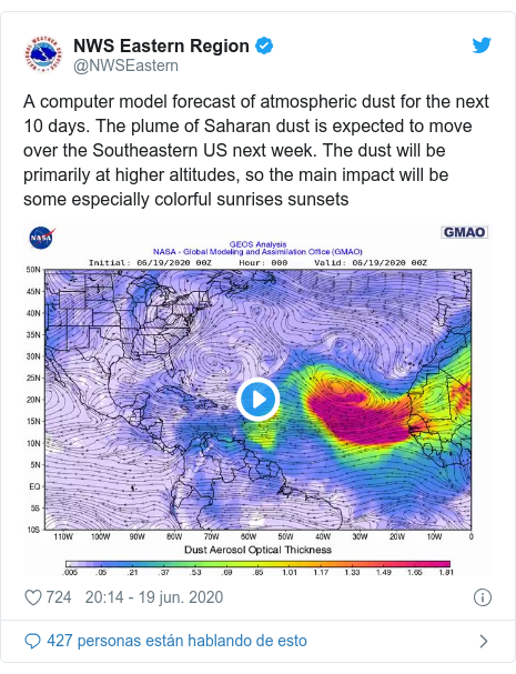 Publicación de Twitter por @NWSEastern: A computer model forecast of atmospheric dust for the next 10 days. The plume of Saharan dust is expected to move over the Southeastern US next week. The dust will be primarily at higher altitudes, so the main impact will be some especially colorful sunrises sunsets 