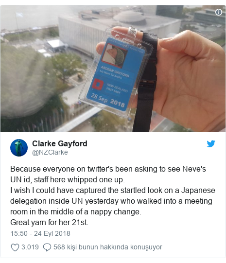@NZClarke tarafından yapılan Twitter paylaşımı: Because everyone on twitter's been asking to see Neve's UN id, staff here whipped one up. I wish I could have captured the startled look on a Japanese delegation inside UN yesterday who walked into a meeting room in the middle of a nappy change.Great yarn for her 21st. 