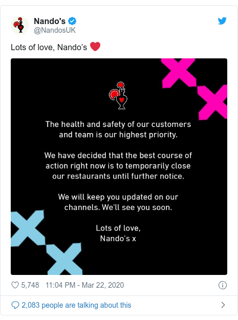 Twitter post by @NandosUK: Lots of love, Nando’s ❤ 