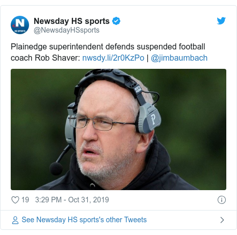 Twitter post by @NewsdayHSsports: Plainedge superintendent defends suspended football coach Rob Shaver   | @jimbaumbach 