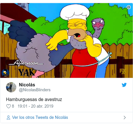 Publicación de Twitter por @NicolasBlinders: Hamburguesas de avestruz 