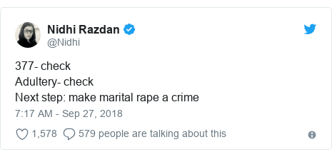 Twitter post by @Nidhi: 377- checkAdultery- checkNext step make marital rape a crime