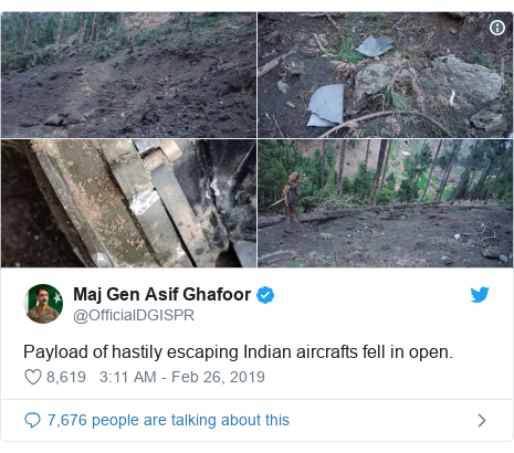 Twitter post by @OfficialDGISPR: Payload of hastily escaping Indian aircrafts fell in open. 