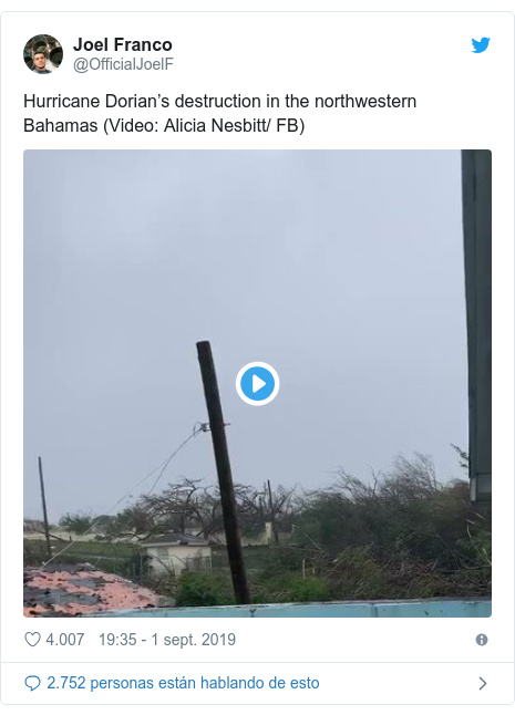 Publicación de Twitter por @OfficialJoelF: Hurricane Dorian’s destruction in the northwestern Bahamas (Video  Alicia Nesbitt/ FB) 