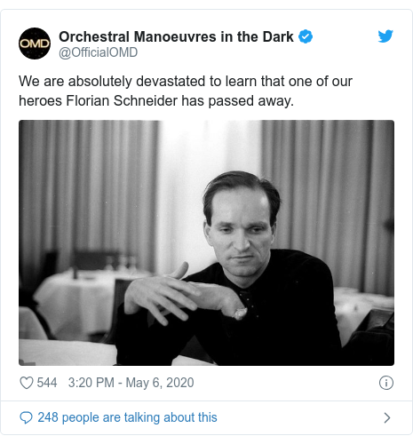 Twitter post by @OfficialOMD: We are absolutely devastated to learn that one of our heroes Florian Schneider has passed away. 
