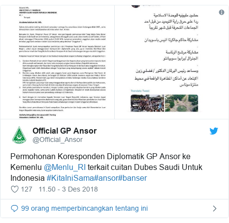 Kicauan admin akun GP Ansor.