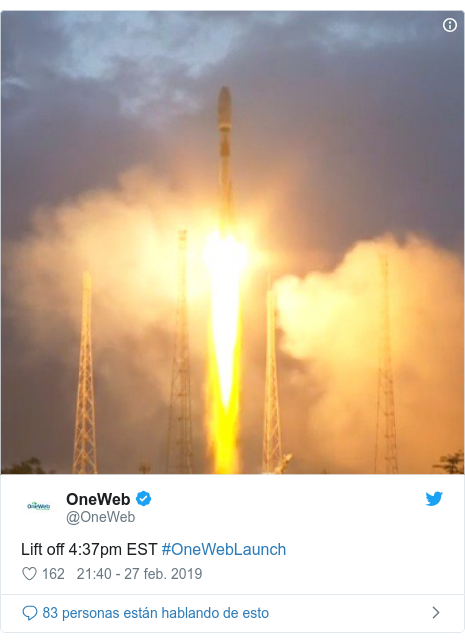 Publicación de Twitter por @OneWeb: Lift off 4 37pm EST #OneWebLaunch 