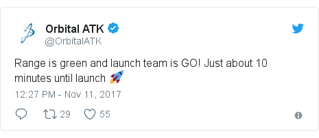 Twitter post by @OrbitalATK: Range is green and launch team is GO! Just about 10 minutes until launch 🚀