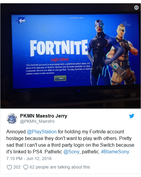 Sony Faces Growing Fortnite Backlash At E3 Bbc News - twitter post by pkmn maestro annoyed playstation for holding my fortnite account hostage because