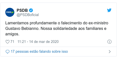 Twitter post de @PSDBoficial: Lamentamos profundamente o falecimento do ex-ministro Gustavo Bebianno. Nossa solidariedade aos familiares e amigos.