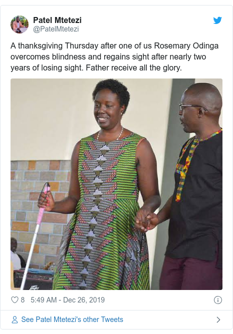 Ujumbe wa Twitter wa @PatelMtetezi: A thanksgiving Thursday after one of us Rosemary Odinga overcomes blindness and regains sight after nearly two years of losing sight. Father receive all the glory. 