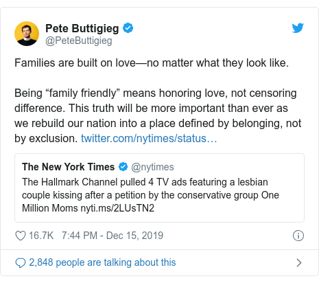 Twitter post by @PeteButtigieg: Families are built on love—no matter what they look like.Being “family friendly” means honoring love, not censoring difference. This truth will be more important than ever as we rebuild our nation into a place defined by belonging, not by exclusion. 