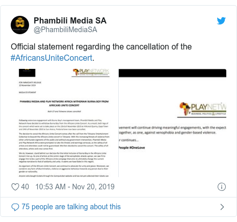 Ujumbe wa Twitter wa @PhambiliMediaSA: Official statement regarding the cancellation of the #AfricansUniteConcert. 