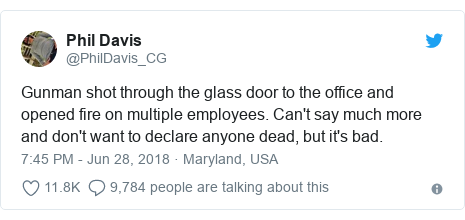 Twitter post by @PhilDavis_CG: Gunman shot through the glass door to the office and opened fire on multiple employees. Can't say much more and don't want to declare anyone dead, but it's bad.