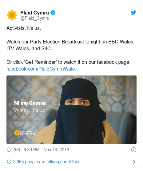 Twitter post by @Plaid_Cymru: Activists, it's us.Watch our Party Election Broadcast tonight on BBC Wales, ITV Wales, and S4C.Or click 'Get Reminder' to watch it on our facebook page   