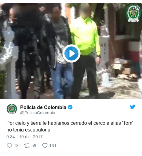 Publicación de Twitter por @PoliciaColombia: Por cielo y tierra le habíamos cerrado el cerco a alias 'Tom' no tenía escapatoria 