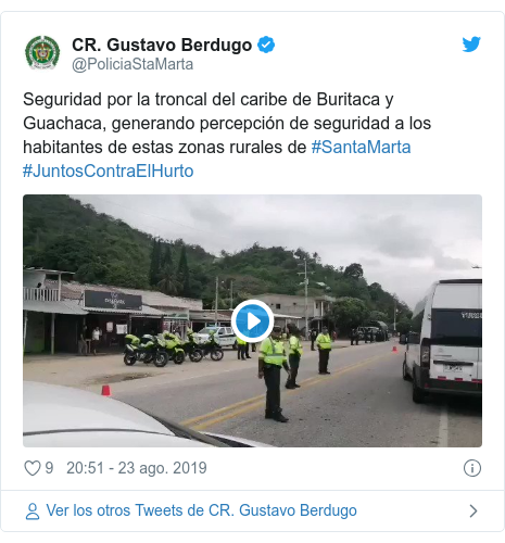 Publicación de Twitter por @PoliciaStaMarta: Seguridad por la troncal del caribe de Buritaca y Guachaca, generando percepción de seguridad a los habitantes de estas zonas rurales de #SantaMarta #JuntosContraElHurto 