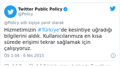 @Policy tarafından yapılan Twitter paylaşımı: Hizmetimizin #Türkiye’de kesintiye uğradığı bilgilerini aldık. Kullanıcılarımıza en kısa sürede erişimi tekrar sağlamak için çalışıyoruz.