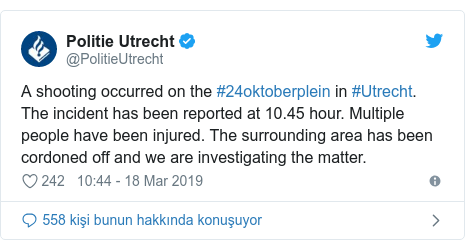 @PolitieUtrecht tarafından yapılan Twitter paylaşımı: A shooting occurred on the #24oktoberplein in #Utrecht. The incident has been reported at 10.45 hour. Multiple people have been injured. The surrounding area has been cordoned off and we are investigating the matter.