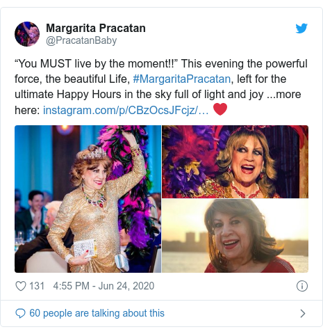 Post di Twitter di @PracatanBaby: "DEVI vivere dal momento !!"  Questa sera la potente forza, la bella Vita, #MargaritaPracatan, è partita per gli ultimi Happy Hour nel cielo pieni di luce e gioia ... altro qui ❤️