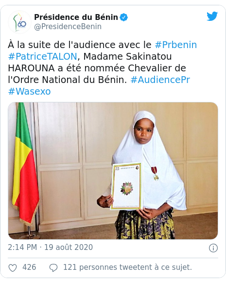 Twitter publication par @PresidenceBenin: À la suite de l'audience avec le #Prbenin #PatriceTALON, Madame Sakinatou HAROUNA a été nommée Chevalier de l'Ordre National du Bénin. #AudiencePr #Wasexo 